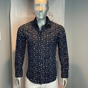 Primark Muscle Fit Long sleeve Navy Pattern Cotton Button Up Size M